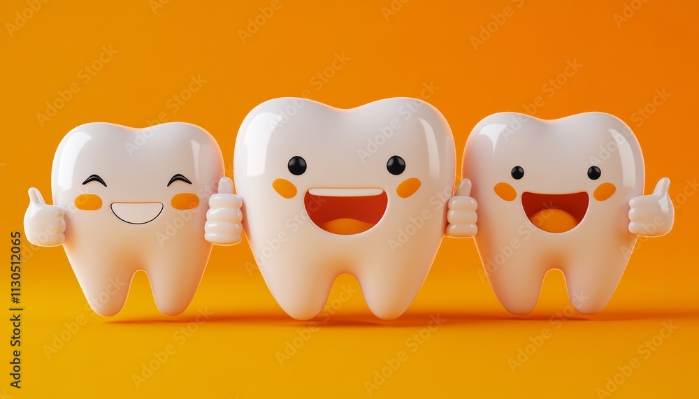 Obraz premium 3D Rendering of Three Happy White Cartoon Teeth Giving Thumbs Up on Orange Background