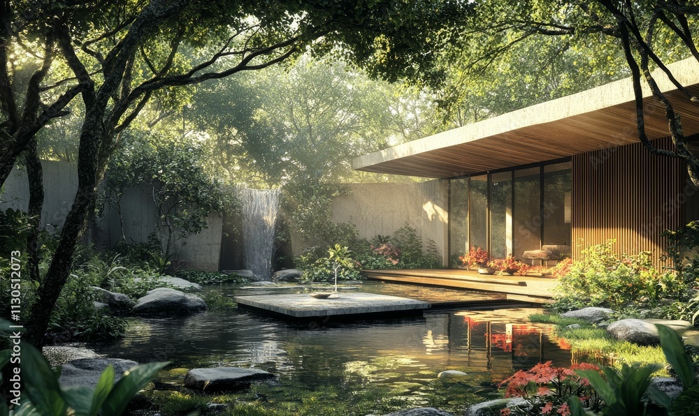 Fototapeta premium Modern structure, tranquil pond, lush greenery, waterfall.