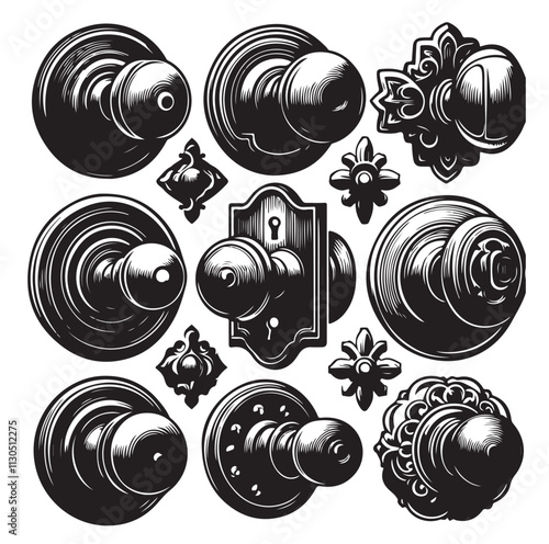 door knob set. Modern door handle Silhouette vector illustration