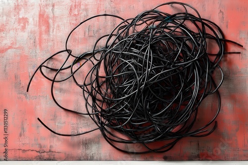 Tightly knotted black lines with small, jagged red edges, illustrating feelings of entrapment and worry