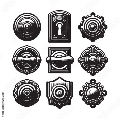 door knob set. Modern door handle Silhouette vector illustration