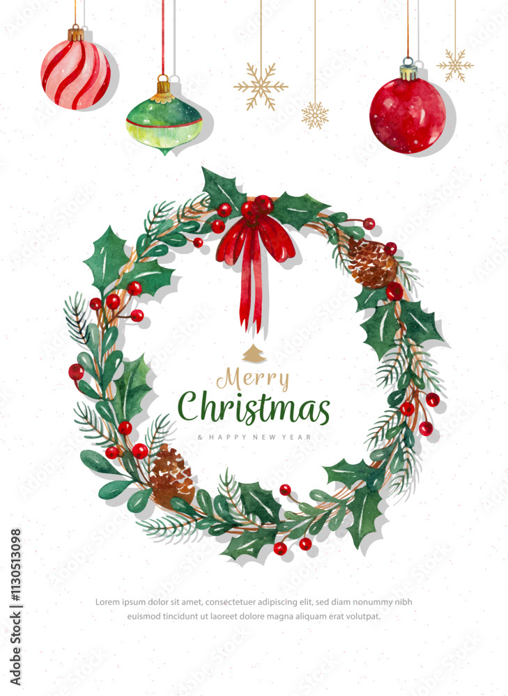 Φωτογραφία Christmas wreath with hanging ornament ball decoration watercolor painting desig
