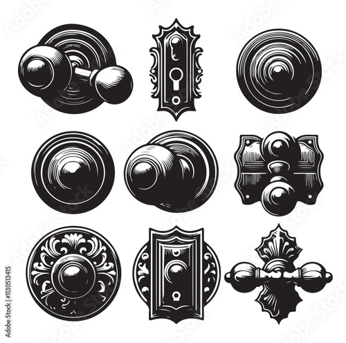 door knob set. Modern door handle Silhouette vector illustration