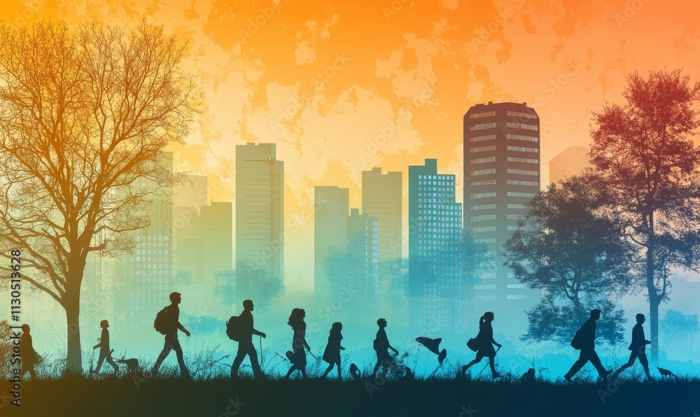 Fototapeta premium Silhouetted figures stroll, city skyline backdrop.
