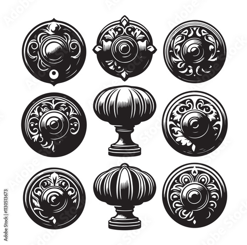 door knob set. Modern door handle Silhouette vector illustration