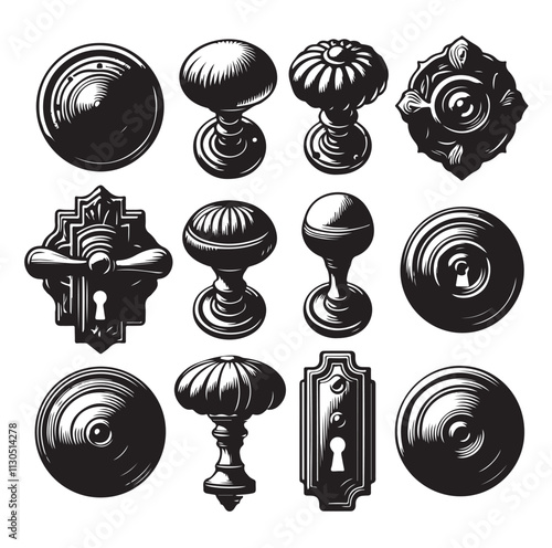 door knob set. Modern door handle Silhouette vector illustration