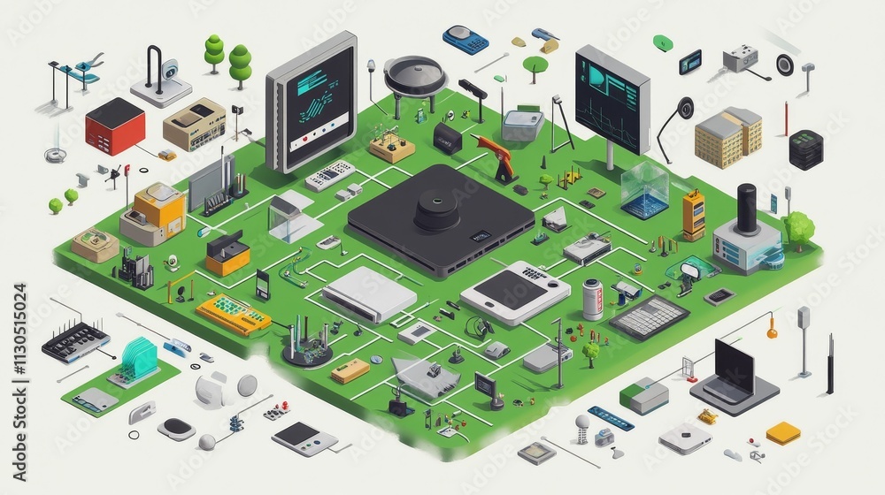 Fototapeta premium Interconnected devices, technology network, isometric view.