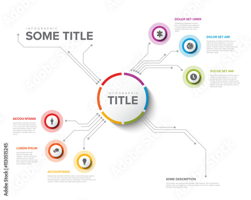 Simple Colorful Circular Infographic Design Template with six element and big circle with title on the light background. Modern multipurpose infochart template