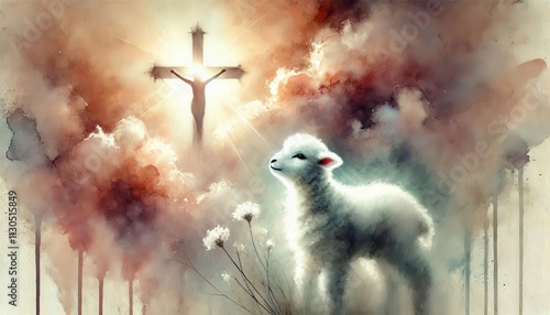 Abstract Christian background in watercolor artistic style featuring a lamb and a cross - The Lamb of God for the sacrifice