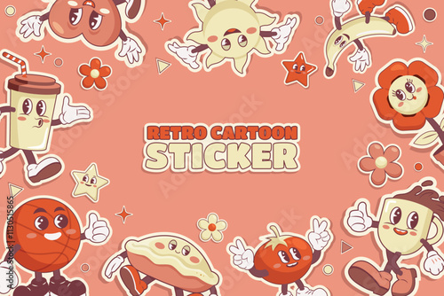 Hand drawn retro cartoon stickers on background