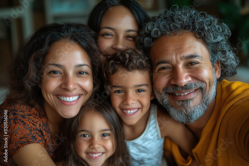 Happy multiracial family portrait with three smiling children and adult parents at home photo