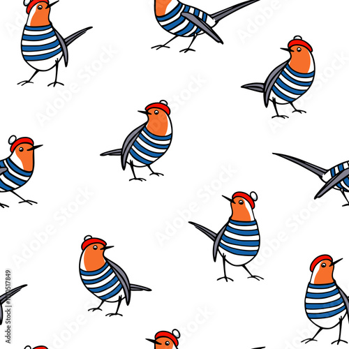 Vector seamless pattern with hand drawn cute robins in traditional parisian outfit. Ink drawing, funny illustration,  beautiful animal design elements.