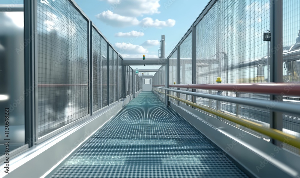 Elevated walkway, metal railings, grid floor, industrial setting. Elevated walkway, metal railings, grid floor, industrial setting.