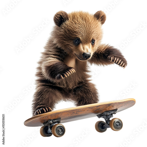 Adorable bear cub riding a skateboard with dynamic motion on urban art style white background