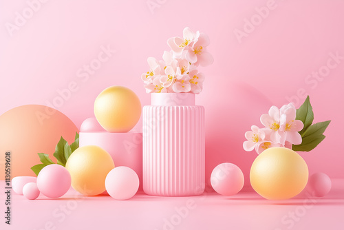 A tranquil scene of blooms and round decor on a soft pink background evokes calm and beauty