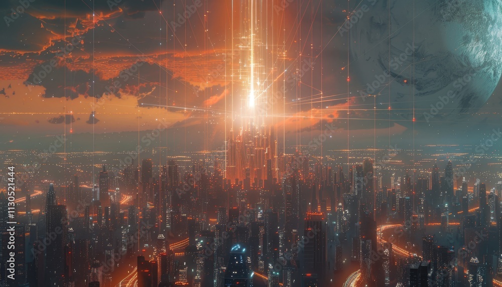 Fototapeta premium Futuristic Cityscape Illuminated With Energetic Beams of Light
