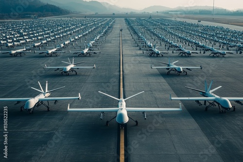 Many military drones stands on the runway of a military airfield.