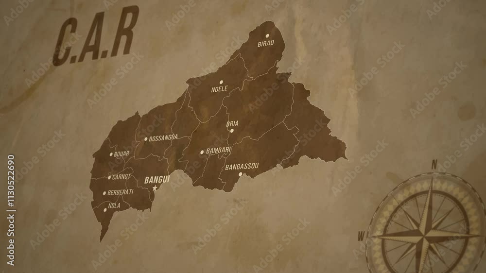 Vintage Map of C.A.R with states Borders and Major Cities Positions ...
