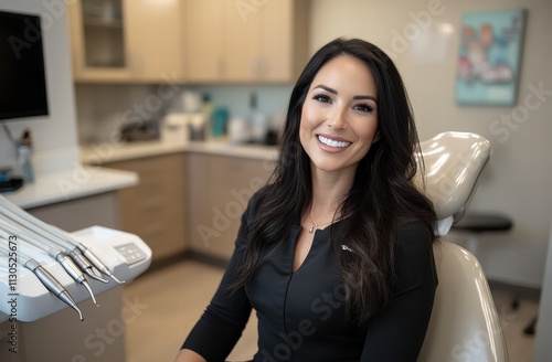 A dentist with long dark hair sits confidently in a contemporary dental clinic, offering a welcoming smile before seeing patients. The environment is clean and well-equipped photo