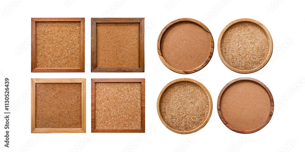 Fototapeta premium Wooden Coasters and Cork Frames on White Background, png collection isolated on transparent background