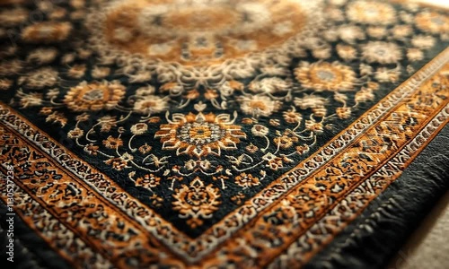 A close-up of an ornate rug featuring intricate patterns and rich colors.