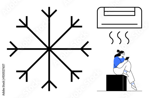 Giant snowflake beside air conditioner and figure using phone. Ideal for HVAC, energy saving, climate control, heating, cooling, winter, comfort. Line metaphor