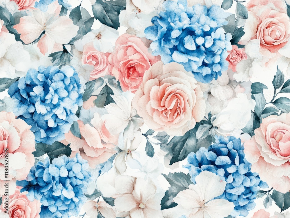Fototapeta premium Watercolor style roses and hydrangeas in soft pastel tones, with green leaves. Seamless floral background. Concept of elegance and beauty