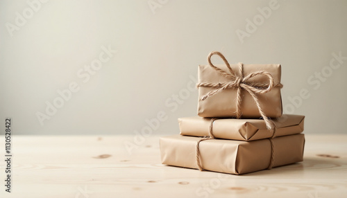 Stacked brown paper packages on wooden table