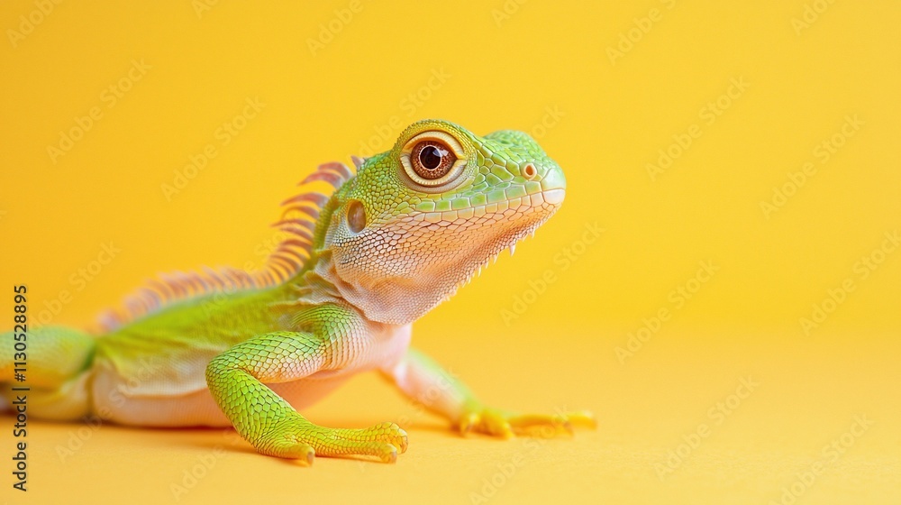 Obraz premium Small green lizard on yellow background.