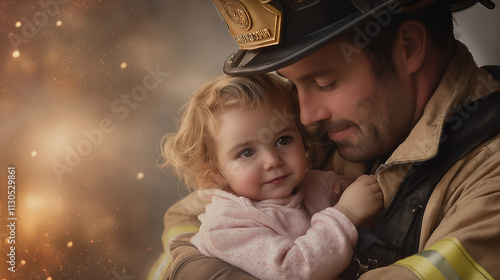 A heroic fireman in full gear carrying a young child out of a burning building, thick smoke and glowing embers surrounding them, dramatic lighting highlighting the fireman’s determination photo