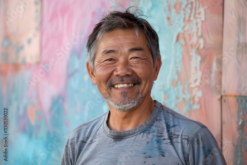 Portrait of a grinning asian man in his 50s sporting a breathable hiking shirt while standing against pastel or soft colors background photo