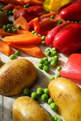 Fototapeta Naklejka Na Ścianę i Meble -  Baking fresh vegetables in the oven on a baking sheet. Bell peppers, potatoes, peas, carrots.