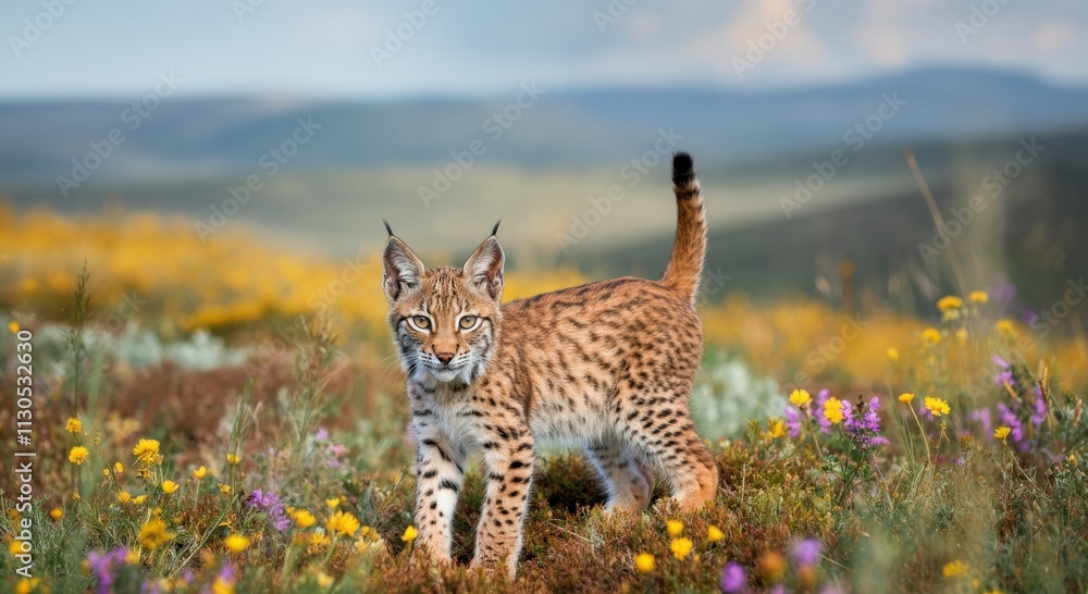 Fototapeta premium Majestic lynx prowling in vibrant wildflower field with mountain backdrop