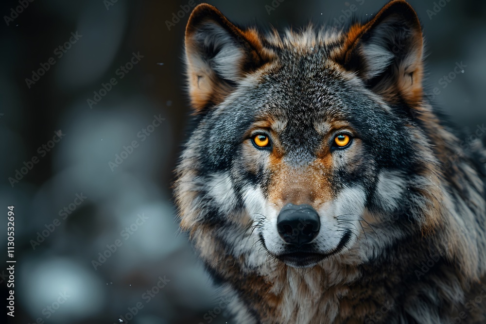 Fototapeta premium Majestic Wolf Portrait in Winter Forest Highlighting Fierce Beauty