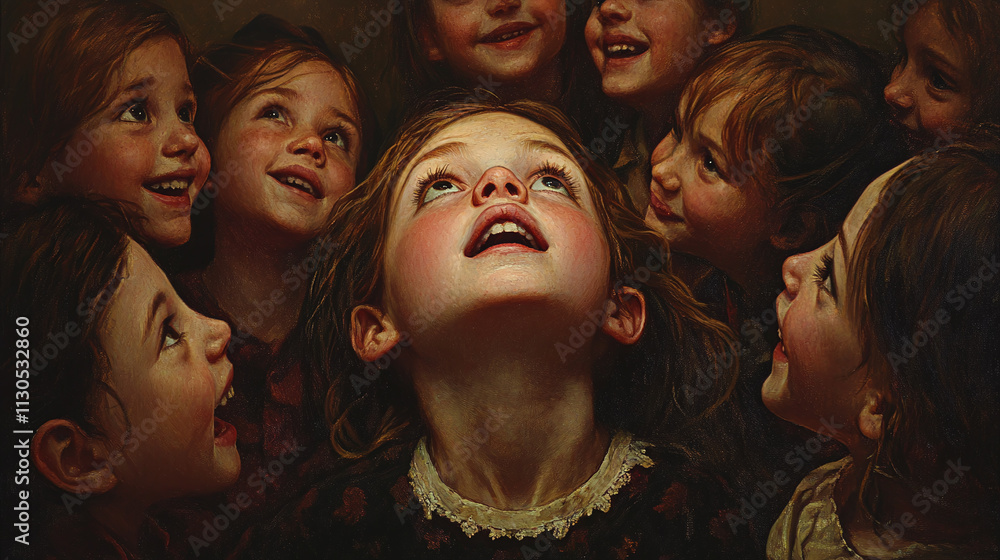Fototapeta premium A girl looking up at a group of laughing children, her face a mix of longing and sadness, captured in a moment of stillness.