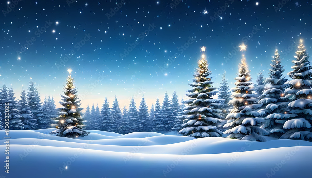 Naklejka premium Christmas banner. Beautiful night scene with fir trees. Decorated Christmas tree. glowing balls. Greenlands. Winter card. background of the starry night sky. Christmas banner for congratulations 
