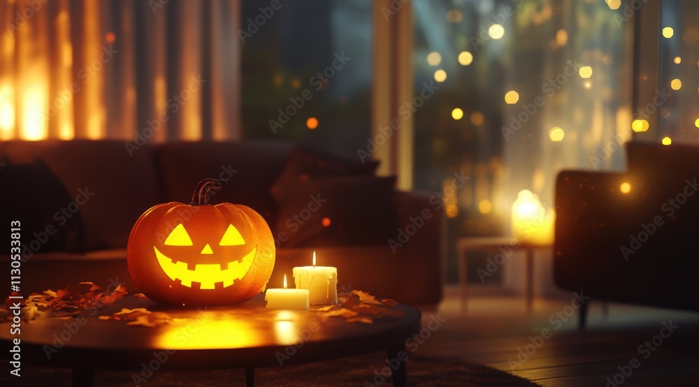 Fototapeta premium Halloween pumpkin with a glowing face on a table in a cozy living room at night, with a Halloween-themed light effect 