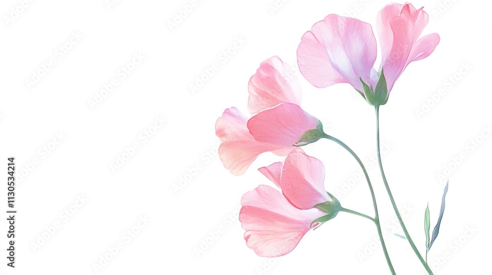 Fototapeta premium Pink flowers on white background, floral illustration