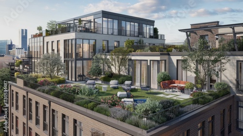 Wallpaper Mural Lush green modern apartment building with abundant plant life on balconies, illuminated by golden sunrise, symbolizing urban sustainability. Torontodigital.ca