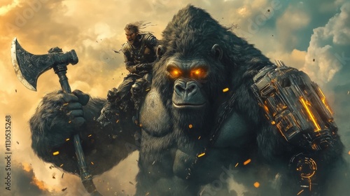 A powerful gorilla with glowing eyes and a warrior on its back, wielding an axe and weapon. photo