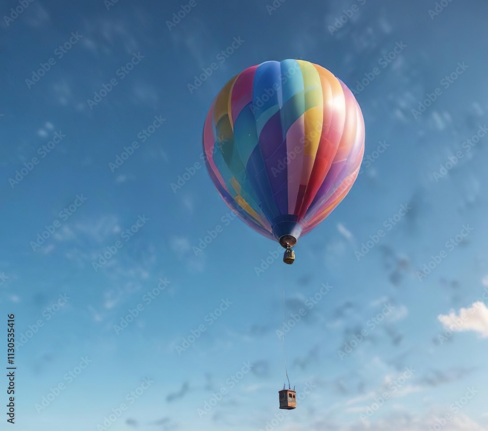 Obraz premium A colorful balloon hovering motionless on top of a bright blue sky with no clouds or other objects around it, colorful balloon hovering, stillness
