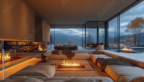 Large living room, low sofa, fireplace with fire in it, relaxing, evening. photo