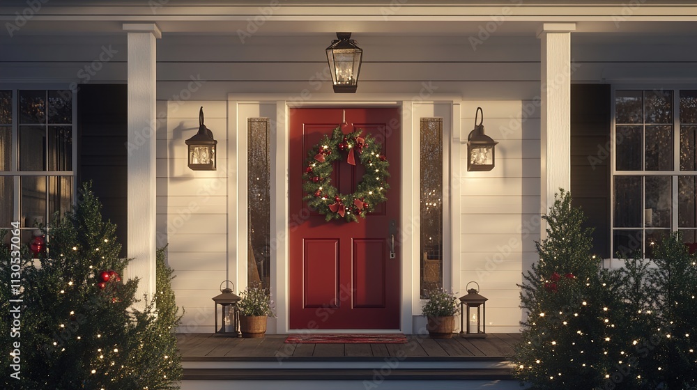 Fototapeta premium Cozy Christmas Home Exterior with Decorated Door and Lights