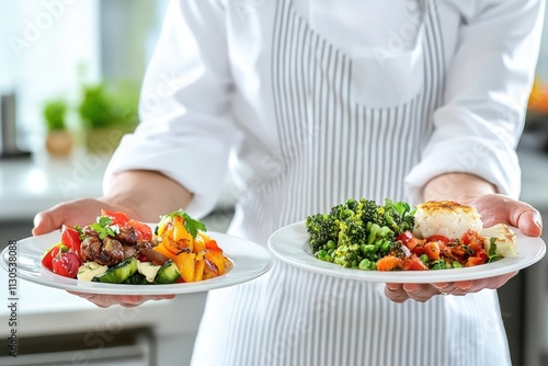 Wallpaper Mural A chef wearing a white uniform and striped apron presenting two plated Torontodigital.ca