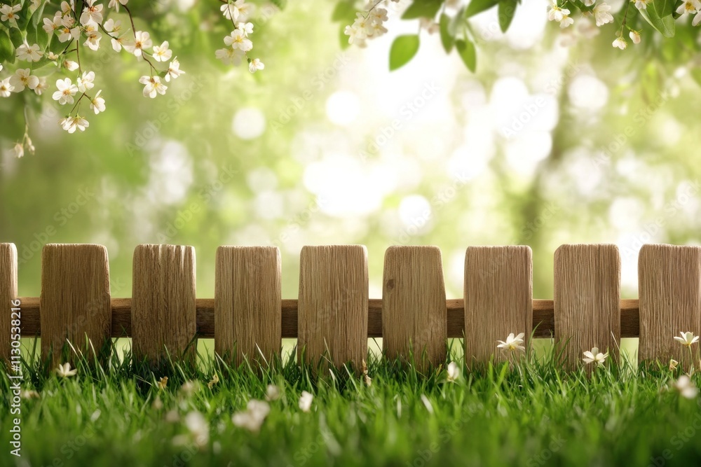 Obraz premium In a serene setting, a lush green grass field is complemented by a quaint wooden fence, surrounded by delicate blossoms from trees above, creating a perfect Easter atmosphere