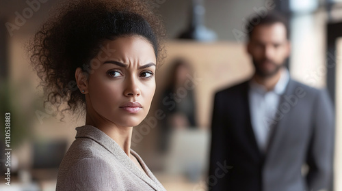 A woman in an office setting looking uncomfortable as a male colleague invades her personal space, symbolizing workplace harassment