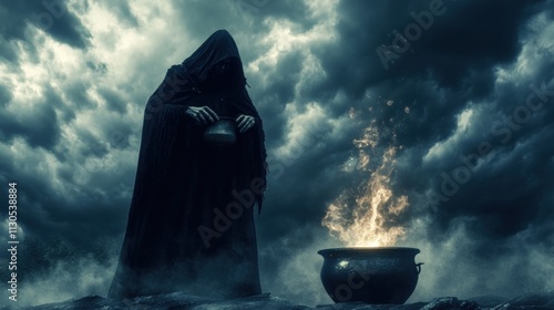 Evil witch in a jagged black cloak, cackling as she brews a potion in a bubbling cauldron under a thunderous sky photo