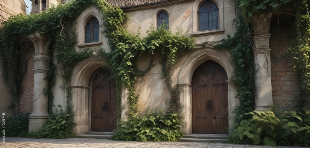Fototapeta premium Church facade covered in thick, old vines and climbing plants , plants, outdoor