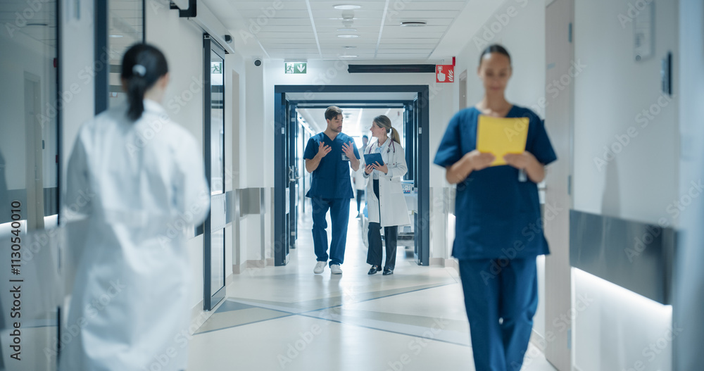 Obraz premium Healthcare Professionals Walking to Their Examination Rooms, Reception Desk, ICU Units in a Modern Bright Hospital Corridor. Female Doctor Showing a Young Male Surgeon Information on a Tablet