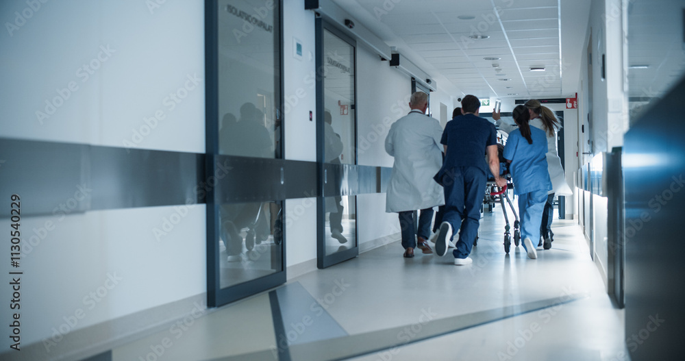 Obraz premium Urgent Scene in a Modern Clinic as Paramedics and Doctors Wheel an Unconscious Patient to the Intensive Care Unit. Young Female Nurse Runs Down the Corridor To Help the Team